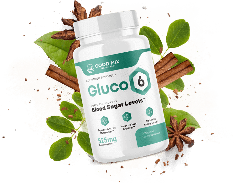 Gluco6 supplement bottle with natural ingredient background