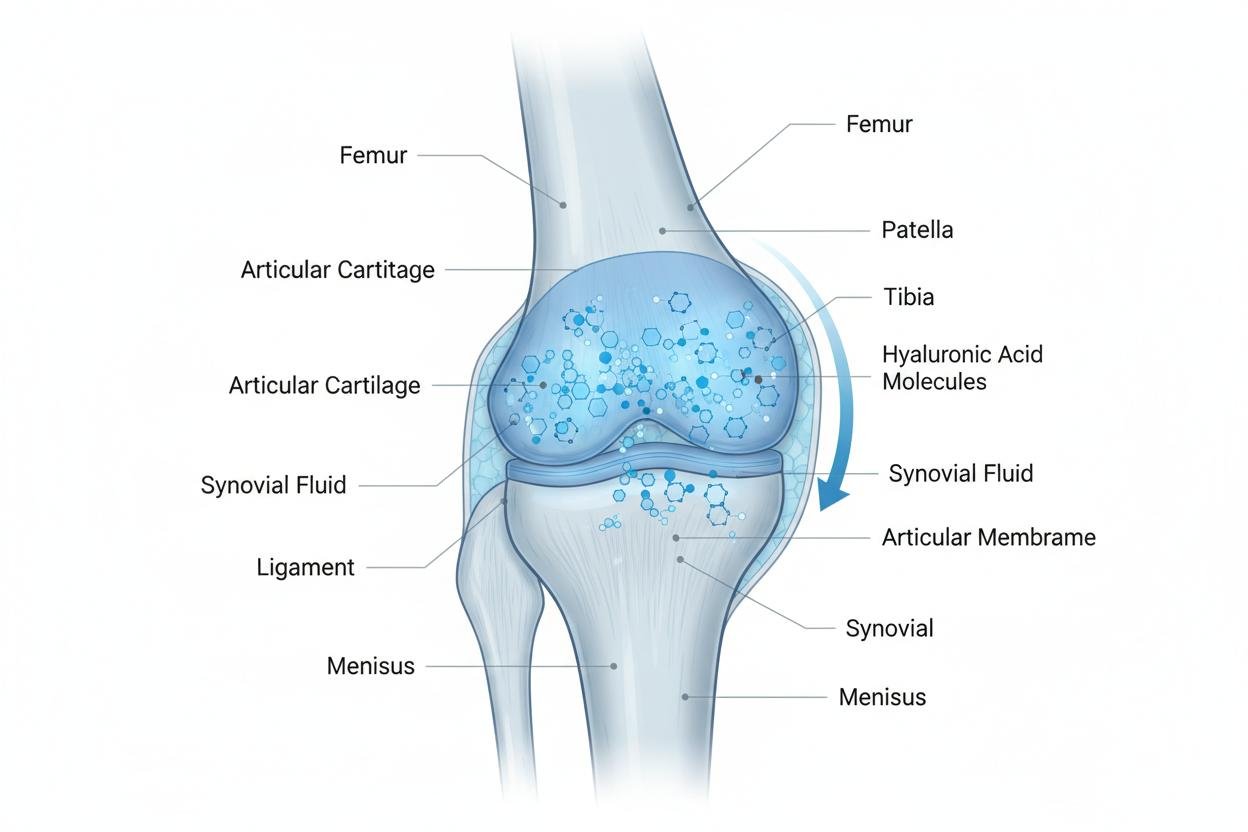 Educational illustration of a knee joint and synovial fluid